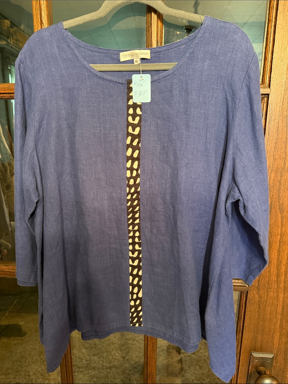Christopher Calvin Blue 100% Linen Tunic Top Leopard Stripe XL Natural Fiber